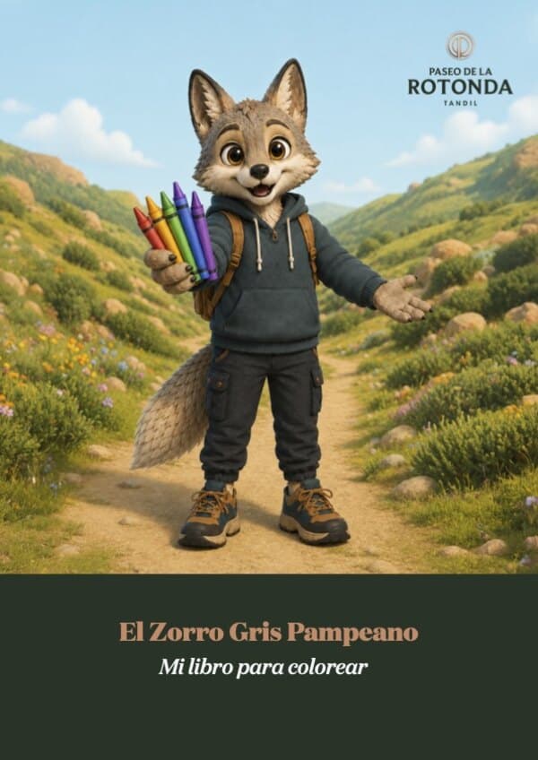 Tapa del libro para colorear: el zorro gris pampeano con crayones, en las sierras.